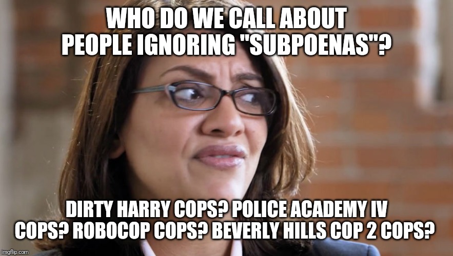 Rashida Tlaib looking for the boys in blue | WHO DO WE CALL ABOUT PEOPLE IGNORING "SUBPOENAS"? DIRTY HARRY COPS? POLICE ACADEMY IV COPS? ROBOCOP COPS? BEVERLY HILLS COP 2 COPS? | image tagged in rashida tlaib,libtards,the squad,aoc stumped,police,robocop | made w/ Imgflip meme maker