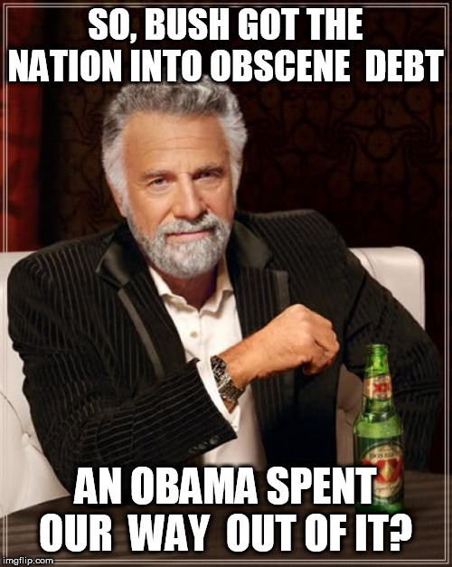 The Most Interesting Man In The World Meme | SO, BUSH GOT THE NATION INTO OBSCENE  DEBT AN OBAMA SPENT OUR  WAY  OUT OF IT? | image tagged in memes,the most interesting man in the world | made w/ Imgflip meme maker