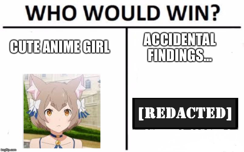 Who Would Win? | CUTE ANIME GIRL; ACCIDENTAL FINDINGS... | image tagged in memes,who would win | made w/ Imgflip meme maker