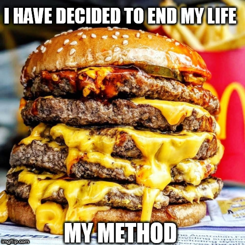 Burger | I HAVE DECIDED TO END MY LIFE; MY METHOD | image tagged in burger | made w/ Imgflip meme maker
