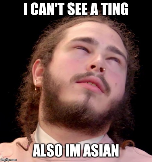 Post Malone | I CAN'T SEE A TING; ALSO IM ASIAN | image tagged in post malone | made w/ Imgflip meme maker