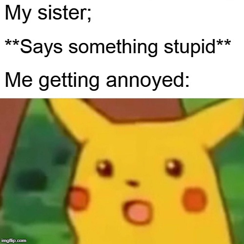 Surprised Pikachu | My sister;; **Says something stupid**; Me getting annoyed: | image tagged in memes,surprised pikachu | made w/ Imgflip meme maker