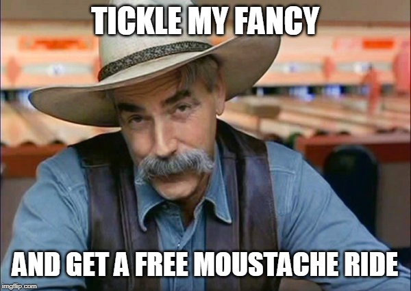 Sam Elliott special kind of stupid | TICKLE MY FANCY AND GET A FREE MOUSTACHE RIDE | image tagged in sam elliott special kind of stupid | made w/ Imgflip meme maker