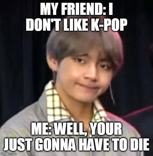 BTS meme | MY FRIEND: I DON'T LIKE K-POP; ME: WELL, YOUR JUST GONNA HAVE TO DIE | image tagged in bts meme | made w/ Imgflip meme maker