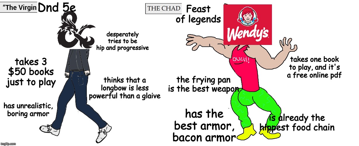 Virgin and Chad | Dnd 5e; Feast of legends; desperately tries to be hip and progressive; takes 3 $50 books just to play; takes one book to play, and it's a free online pdf; the frying pan is the best weapon; thinks that a longbow is less powerful than a glaive; has unrealistic, boring armor; has the best armor, bacon armor; is already the hippest food chain | image tagged in virgin and chad | made w/ Imgflip meme maker