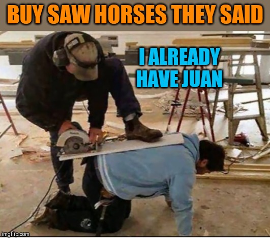 One does the job | BUY SAW HORSES THEY SAID; I ALREADY HAVE JUAN | image tagged in memes,construction fails,44colt,saw horse,funny,puns | made w/ Imgflip meme maker