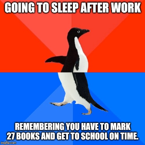 Socially Awesome Awkward Penguin Meme | GOING TO SLEEP AFTER WORK; REMEMBERING YOU HAVE TO MARK 27 BOOKS AND GET TO SCHOOL ON TIME. | image tagged in memes,socially awesome awkward penguin | made w/ Imgflip meme maker