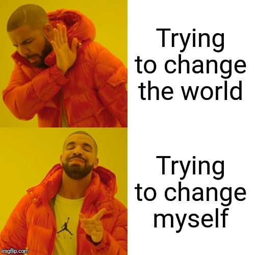 Drake Hotline Bling Meme | Trying to change the world; Trying to change myself | image tagged in memes,drake hotline bling | made w/ Imgflip meme maker