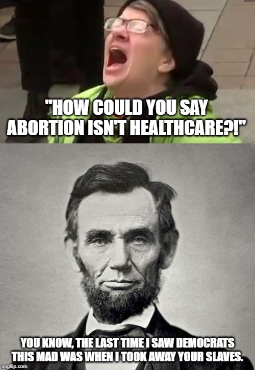 "HOW COULD YOU SAY ABORTION ISN'T HEALTHCARE?!"; YOU KNOW, THE LAST TIME I SAW DEMOCRATS THIS MAD WAS WHEN I TOOK AWAY YOUR SLAVES. | image tagged in lincon,screaming liberal | made w/ Imgflip meme maker