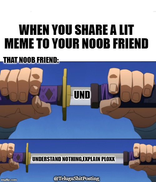 Unsheathing Sword | WHEN YOU SHARE A LIT MEME TO YOUR NOOB FRIEND; THAT NOOB FRIEND:; UND; UNDERSTAND NOTHING,EXPLAIN PLOXX; @TeluguShitPosting | image tagged in unsheathing sword | made w/ Imgflip meme maker