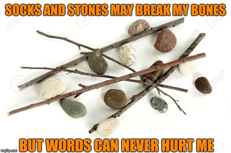 An accurate statement or not? | SOCKS AND STONES MAY BREAK MY BONES; BUT WORDS CAN NEVER HURT ME | image tagged in sticks and stones,words of wisdom | made w/ Imgflip meme maker