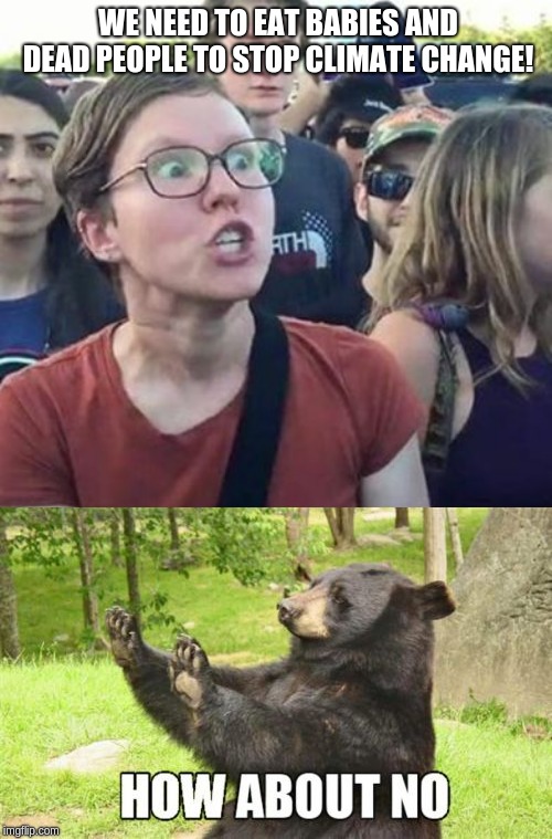 WE NEED TO EAT BABIES AND DEAD PEOPLE TO STOP CLIMATE CHANGE! | image tagged in memes,how about no bear,trigger a leftist | made w/ Imgflip meme maker
