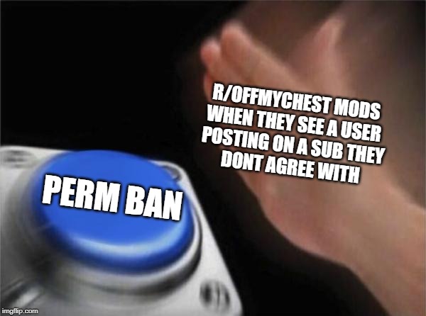 Got fucking banned from offmychest today. | R/OFFMYCHEST MODS 
WHEN THEY SEE A USER 
POSTING ON A SUB THEY
DONT AGREE WITH; PERM BAN | image tagged in memes,blank nut button,reddit,banned,unfair | made w/ Imgflip meme maker