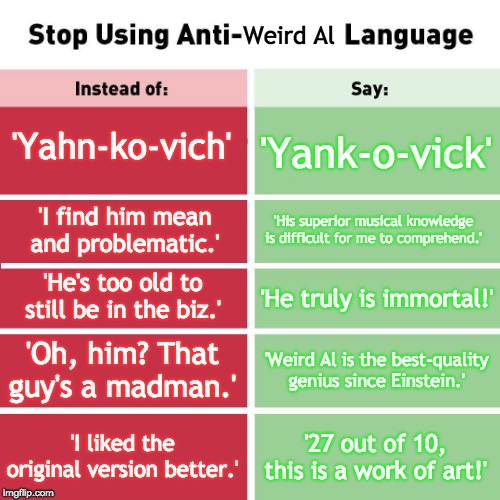 Stop Using Anti-Weird Al Language | Weird Al; 'Yahn-ko-vich'; 'Yank-o-vick'; 'His superior musical knowledge is difficult for me to comprehend.'; 'I find him mean and problematic.'; 'He's too old to still be in the biz.'; 'He truly is immortal!'; 'Oh, him? That guy's a madman.'; 'Weird Al is the best-quality genius since Einstein.'; 'I liked the original version better.'; '27 out of 10, this is a work of art!' | image tagged in stop using anti-animal language,weird al yankovic,weird al,memes | made w/ Imgflip meme maker