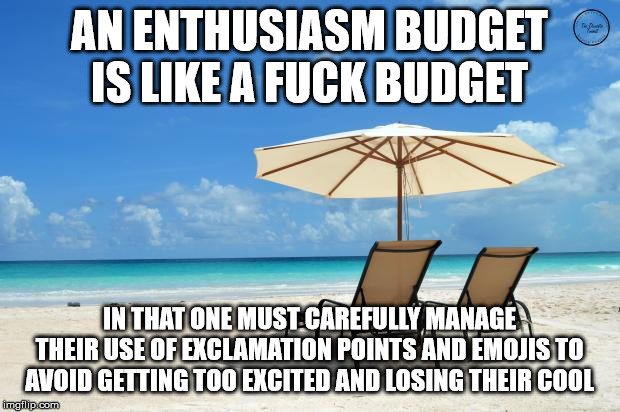 Beach | AN ENTHUSIASM BUDGET IS LIKE A FUCK BUDGET; IN THAT ONE MUST CAREFULLY MANAGE THEIR USE OF EXCLAMATION POINTS AND EMOJIS TO AVOID GETTING TOO EXCITED AND LOSING THEIR COOL | image tagged in beach | made w/ Imgflip meme maker