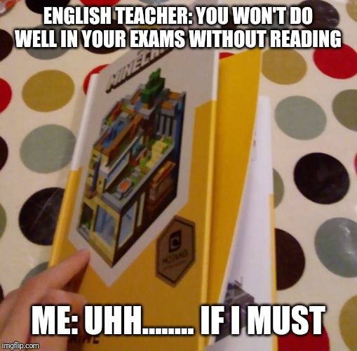 ENGLISH TEACHER: YOU WON'T DO WELL IN YOUR EXAMS WITHOUT READING; ME: UHH........ IF I MUST | image tagged in minecraft | made w/ Imgflip meme maker