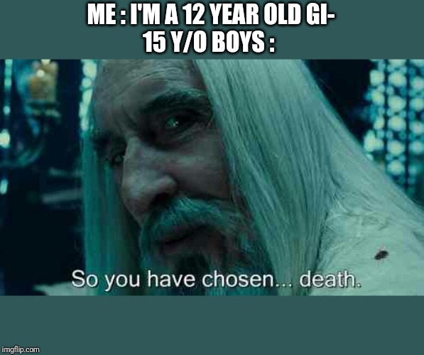 Just a joke, don't kill me! | ME : I'M A 12 YEAR OLD GI-
15 Y/O BOYS : | image tagged in so you have chosen death | made w/ Imgflip meme maker