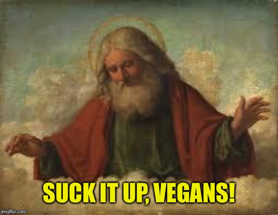 god | SUCK IT UP, VEGANS! | image tagged in god | made w/ Imgflip meme maker