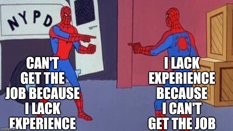 spiderman pointing at spiderman | I LACK EXPERIENCE BECAUSE I CAN'T GET THE JOB; CAN'T GET THE JOB BECAUSE I LACK EXPERIENCE | image tagged in spiderman pointing at spiderman | made w/ Imgflip meme maker