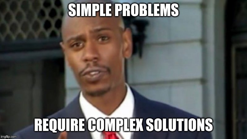 Modern Porblems Template | SIMPLE PROBLEMS; REQUIRE COMPLEX SOLUTIONS | image tagged in modern porblems template | made w/ Imgflip meme maker