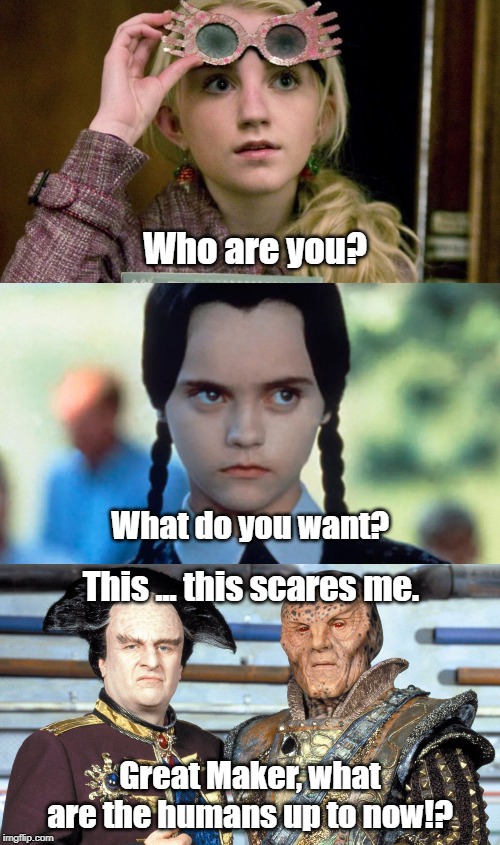 The back-up humans for the Vorlons and Shadows | Who are you? What do you want? This ... this scares me. Great Maker, what are the humans up to now!? | image tagged in babylon 5,luna lovegood,wednesday addams | made w/ Imgflip meme maker