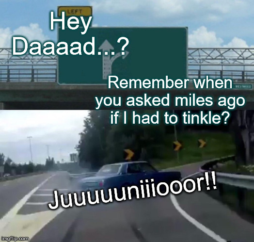 Left Exit 12 Off Ramp | Hey Daaaad...? Remember when you asked miles ago if I had to tinkle? Juuuuuniiiooor!! | image tagged in memes,left exit 12 off ramp | made w/ Imgflip meme maker