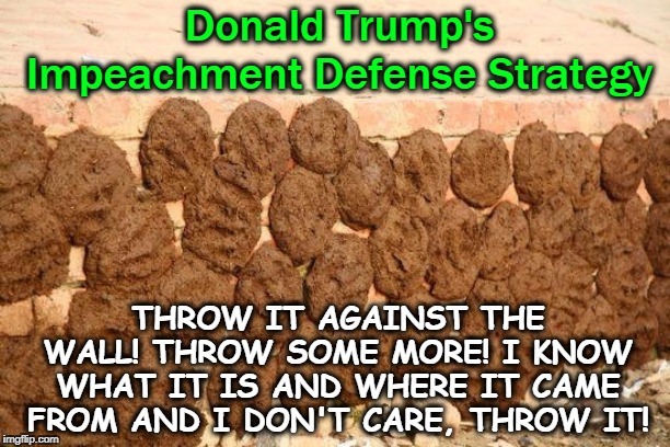 Trump has spent his whole life throwing stuff against the wall. It is the job of America to hose down the wall and ignore him. |  Donald Trump's Impeachment Defense Strategy; THROW IT AGAINST THE WALL! THROW SOME MORE! I KNOW WHAT IT IS AND WHERE IT CAME FROM AND I DON'T CARE, THROW IT! | image tagged in trump,impeachment,twitter,attack,wild,defense | made w/ Imgflip meme maker