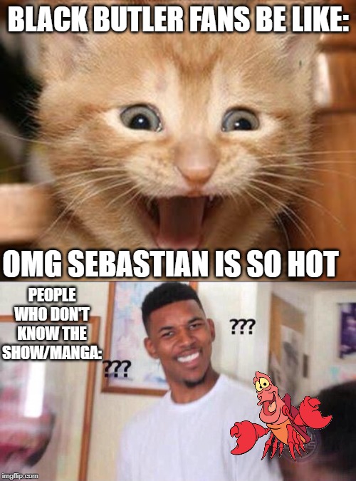 Sebastian | BLACK BUTLER FANS BE LIKE:; OMG SEBASTIAN IS SO HOT; PEOPLE WHO DON'T KNOW THE SHOW/MANGA: | image tagged in memes,excited cat,black guy confused,black butler | made w/ Imgflip meme maker
