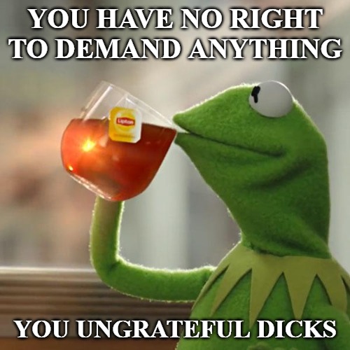 Democrats be like, "he's not my President!" Then shut your mouths about impeachment. How about that? | YOU HAVE NO RIGHT TO DEMAND ANYTHING; YOU UNGRATEFUL DICKS | image tagged in memes,but thats none of my business,kermit the frog | made w/ Imgflip meme maker