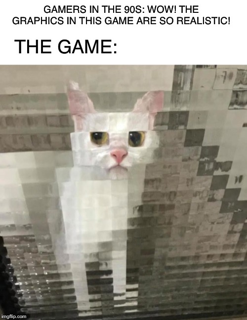 The graphics |  GAMERS IN THE 90S: WOW! THE GRAPHICS IN THIS GAME ARE SO REALISTIC! THE GAME: | image tagged in cats,memes,gaming | made w/ Imgflip meme maker