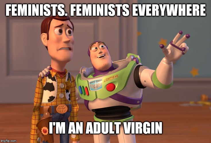 X, X Everywhere | FEMINISTS. FEMINISTS EVERYWHERE; I'M AN ADULT VIRGIN | image tagged in memes,x x everywhere | made w/ Imgflip meme maker
