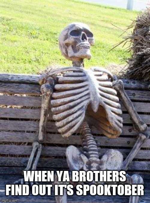 Waiting Skeleton Meme | WHEN YA BROTHERS FIND OUT IT'S SPOOKTOBER | image tagged in memes,waiting skeleton | made w/ Imgflip meme maker