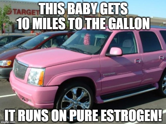 Total Chickmobile | THIS BABY GETS 10 MILES TO THE GALLON; IT RUNS ON PURE ESTROGEN! | image tagged in memes,pink escalade | made w/ Imgflip meme maker