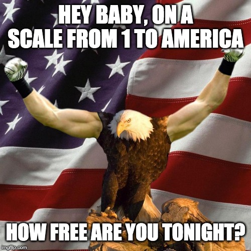 Eagle Muscles | HEY BABY, ON A SCALE FROM 1 TO AMERICA; HOW FREE ARE YOU TONIGHT? | image tagged in eagle muscles | made w/ Imgflip meme maker