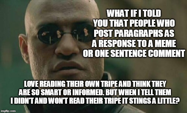 Matrix Morpheus Meme | WHAT IF I TOLD YOU THAT PEOPLE WHO POST PARAGRAPHS AS A RESPONSE TO A MEME OR ONE SENTENCE COMMENT LOVE READING THEIR OWN TRIPE AND THINK TH | image tagged in memes,matrix morpheus | made w/ Imgflip meme maker