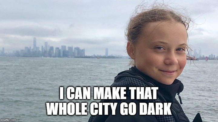 Greta Smirk | I CAN MAKE THAT WHOLE CITY GO DARK | image tagged in greta smirk | made w/ Imgflip meme maker