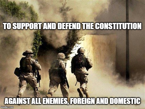 marines run towards the sound of chaos, that's nice! the army ta | TO SUPPORT AND DEFEND THE CONSTITUTION AGAINST ALL ENEMIES, FOREIGN AND DOMESTIC | image tagged in marines run towards the sound of chaos that's nice the army ta | made w/ Imgflip meme maker