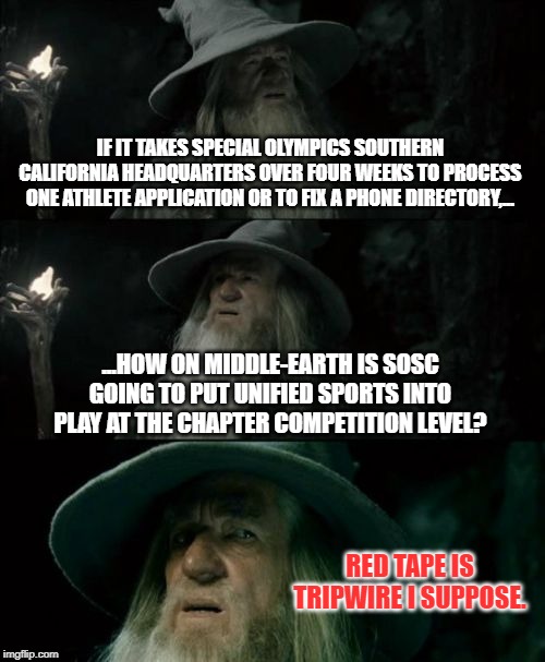 Red Tape is Tripwire - part of the business | IF IT TAKES SPECIAL OLYMPICS SOUTHERN CALIFORNIA HEADQUARTERS OVER FOUR WEEKS TO PROCESS ONE ATHLETE APPLICATION OR TO FIX A PHONE DIRECTORY,... ...HOW ON MIDDLE-EARTH IS SOSC GOING TO PUT UNIFIED SPORTS INTO PLAY AT THE CHAPTER COMPETITION LEVEL? RED TAPE IS TRIPWIRE I SUPPOSE. | image tagged in memes,confused gandalf,special olympics,lord of the rings,phone,no bullshit business baby | made w/ Imgflip meme maker