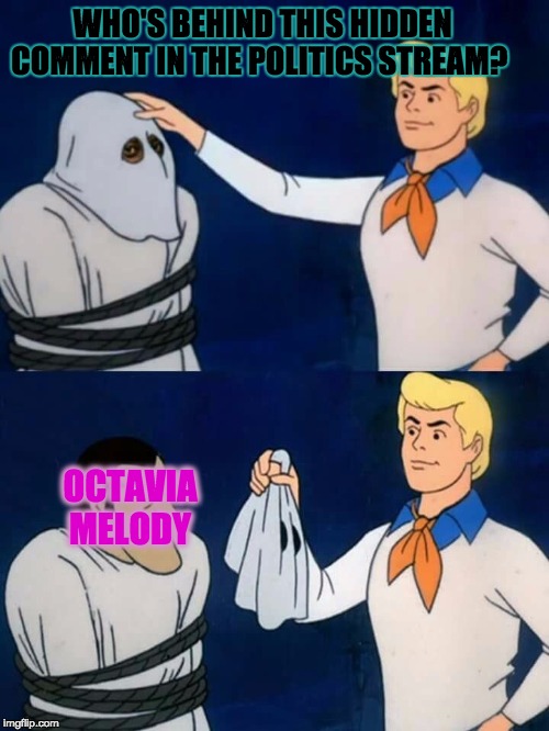 Scooby doo mask reveal | WHO'S BEHIND THIS HIDDEN COMMENT IN THE POLITICS STREAM? OCTAVIA MELODY | image tagged in scooby doo mask reveal | made w/ Imgflip meme maker