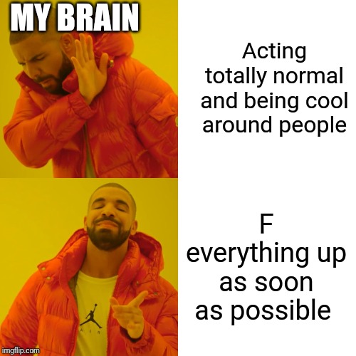 Drake Hotline Bling Meme | Acting totally normal and being cool around people; MY BRAIN; F everything up as soon as possible | image tagged in memes,drake hotline bling | made w/ Imgflip meme maker