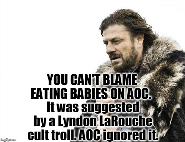 AOC never said it, never endorsed it. Any statement blaming her for it is a flat-out lie. | YOU CAN'T BLAME EATING BABIES ON AOC. It was suggested by a Lyndon LaRouche cult troll. AOC ignored it. | image tagged in memes,brace yourselves x is coming,aoc,babies | made w/ Imgflip meme maker