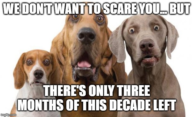 surprised dogs | WE DON'T WANT TO SCARE YOU... BUT; THERE'S ONLY THREE MONTHS OF THIS DECADE LEFT | image tagged in surprised dogs | made w/ Imgflip meme maker