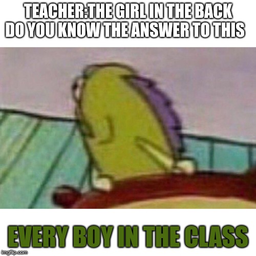 Fish looking back | TEACHER:THE GIRL IN THE BACK
DO YOU KNOW THE ANSWER TO THIS; EVERY BOY IN THE CLASS | image tagged in fish looking back | made w/ Imgflip meme maker