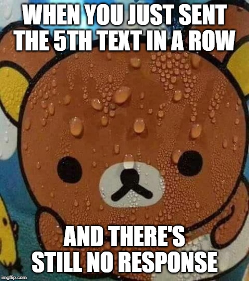 Sweat Bear | WHEN YOU JUST SENT THE 5TH TEXT IN A ROW; AND THERE'S STILL NO RESPONSE | image tagged in sweat bear | made w/ Imgflip meme maker