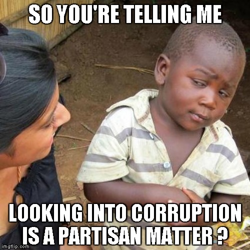 Third World Skeptical Kid Meme | SO YOU'RE TELLING ME LOOKING INTO CORRUPTION IS A PARTISAN MATTER ? | image tagged in memes,third world skeptical kid | made w/ Imgflip meme maker