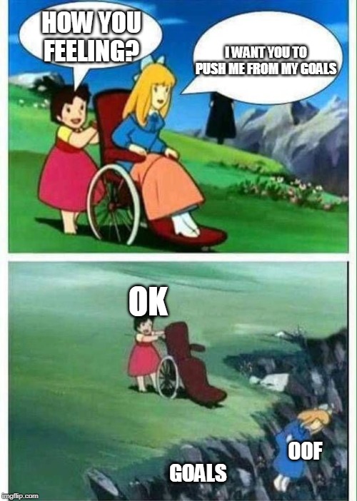 wheelchair girl | I WANT YOU TO PUSH ME FROM MY GOALS; HOW YOU FEELING? OK; OOF; GOALS | image tagged in memes | made w/ Imgflip meme maker