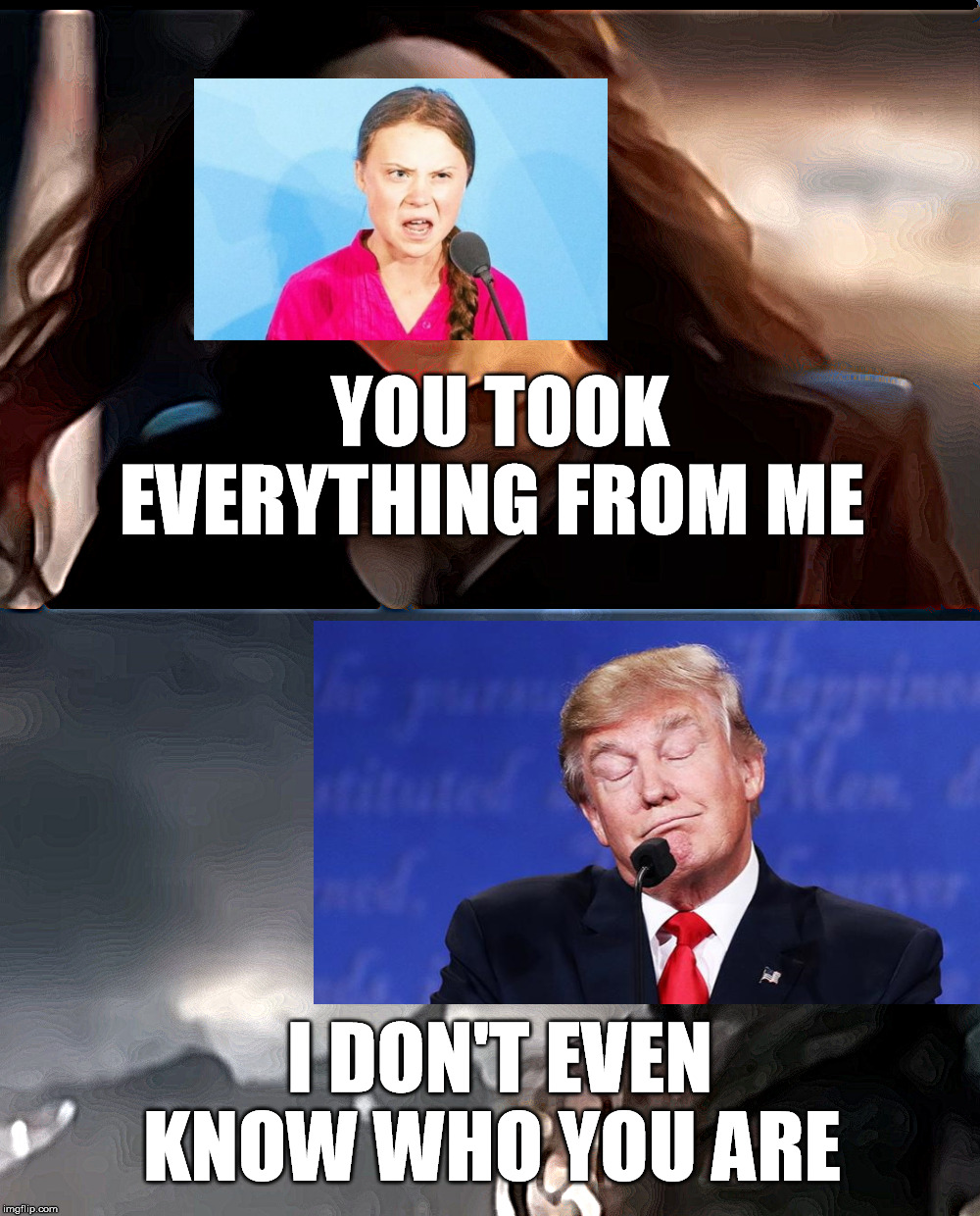 Donald Trump Took Everything from Greta Thunberg | YOU TOOK EVERYTHING FROM ME; I DON'T EVEN KNOW WHO YOU ARE | image tagged in thanos i don't even know who you are,greta thunberg,donald trump,politics,satire,funny trump meme | made w/ Imgflip meme maker