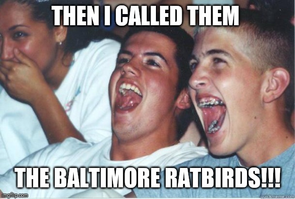 Immature Highschoolers | THEN I CALLED THEM; THE BALTIMORE RATBIRDS!!! | image tagged in immature highschoolers,ravens | made w/ Imgflip meme maker