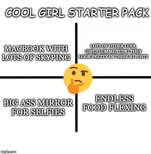 Blank Starter Pack Meme | COOL GIRL STARTER PACK; MACBOOK WITH LOTS OF SKYPING; LOTS OF OTHER COOL GIRLS COMMENTING THEY LOOK PRETTY IN THEIR IG POSTS; ENDLESS FOOD FLEXING; BIG ASS MIRROR FOR SELFIES | image tagged in memes,blank starter pack | made w/ Imgflip meme maker