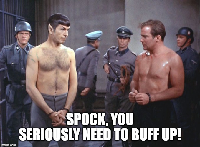 Scrawny Vulcan | SPOCK, YOU SERIOUSLY NEED TO BUFF UP! | image tagged in star trek | made w/ Imgflip meme maker